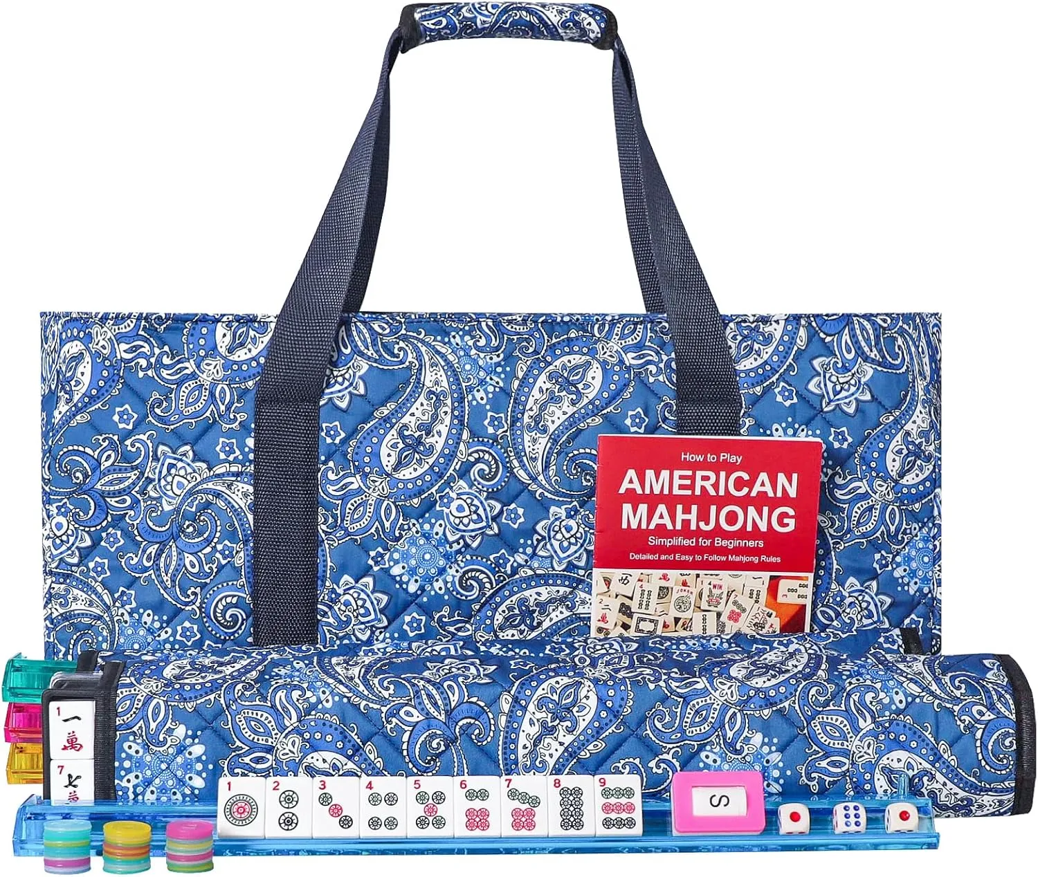 GUSTARIA American Mahjong Set with 166 white tiles and blue printed carrying bag